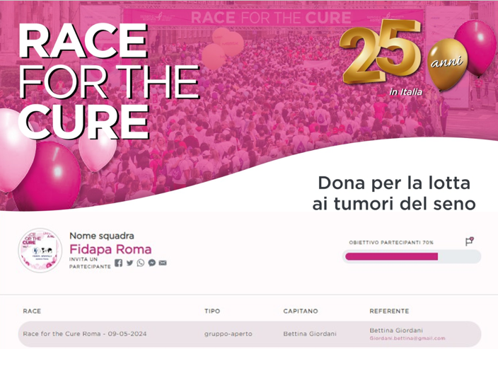 FIDAPA-BPW Italy Sezione Roma partecipa alla Race for the Cure 2024 il 12 maggio prossimo.